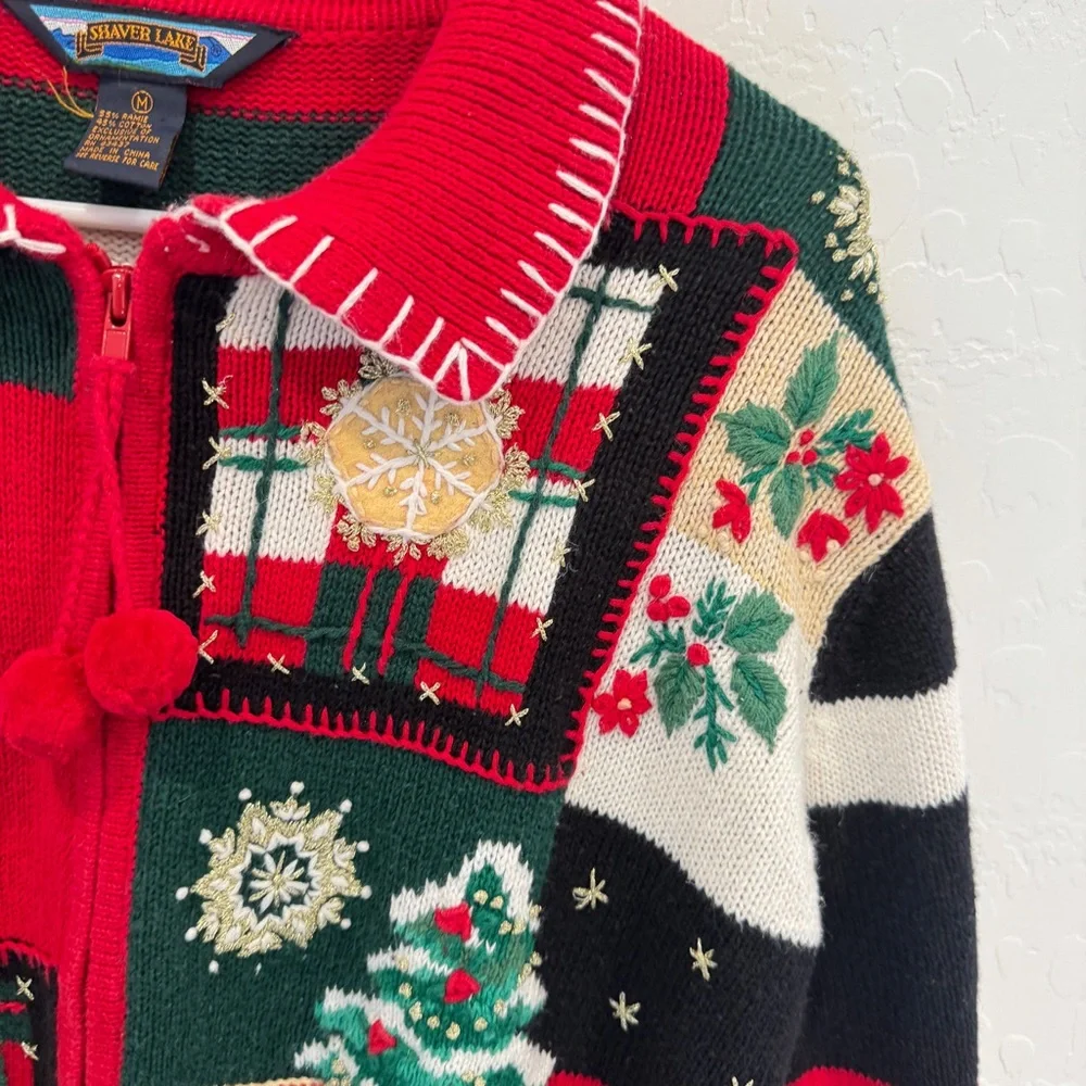 Shaver Lake Christmas Cardigan Sweater Womens Medium Patchwork Embroidered